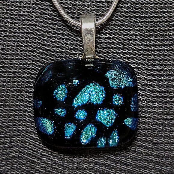 Rula Glass Jewelry - Amazing Signed Spotted Aqua Blue Dichroic & Black Glass Pendant w/Sterling Chain